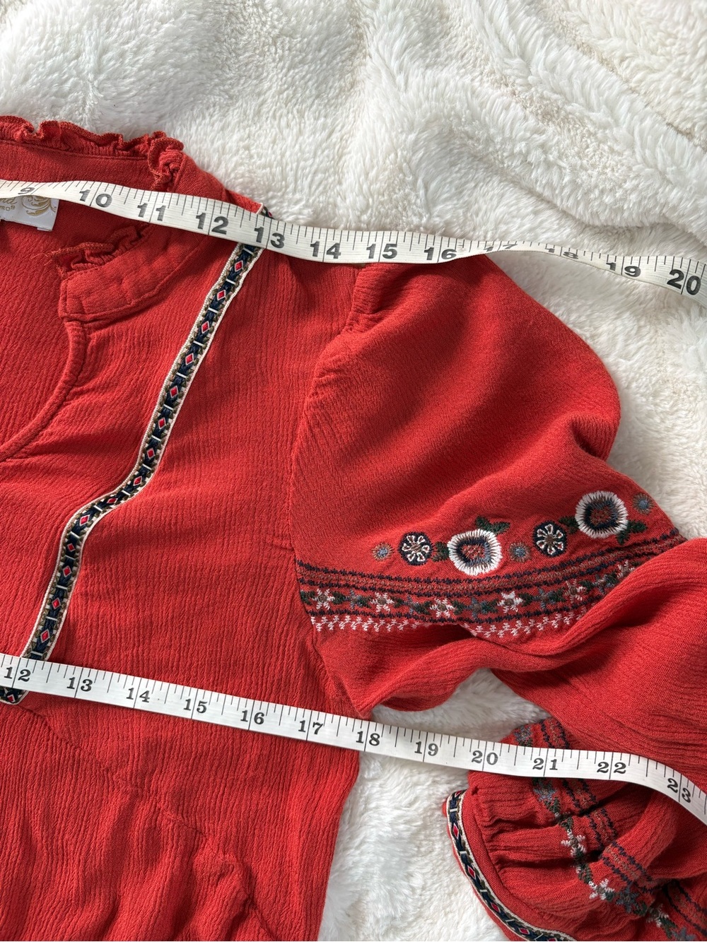 Suzanne Betro Embroidered Peasant Boho TunicRust Red Long Sleeve Tunic Top Sz: M - Picture 4 of 8